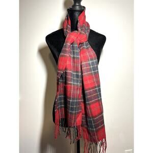Barbour EUC Red Tartan Plaid 100% Lambswool Fringed Winter Scarf 62" x 10"